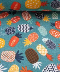 Loneta estampada - Serie Piñas fondo turquesa