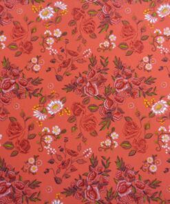 Crep de blusa estampado – Serie Gerbera fondo coral